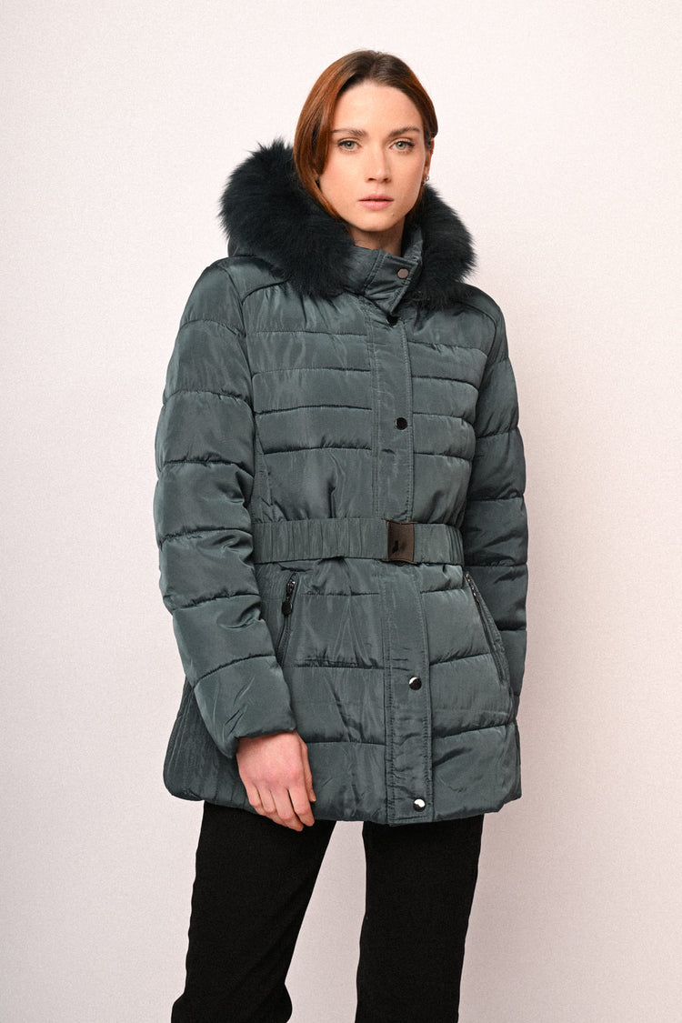 Fur-trimmed hood belted down jacket