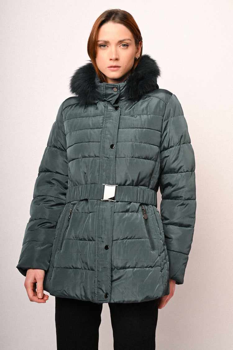 Fur-trimmed hood belted down jacket