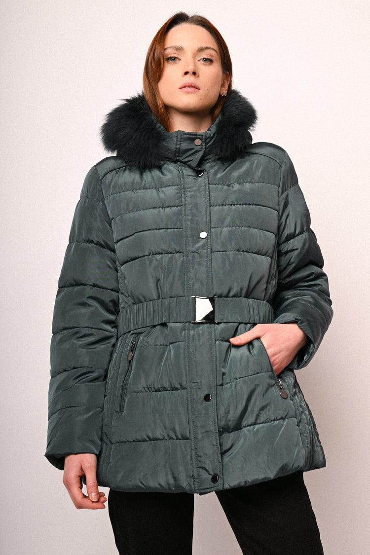 Fur-trimmed hood belted down jacket