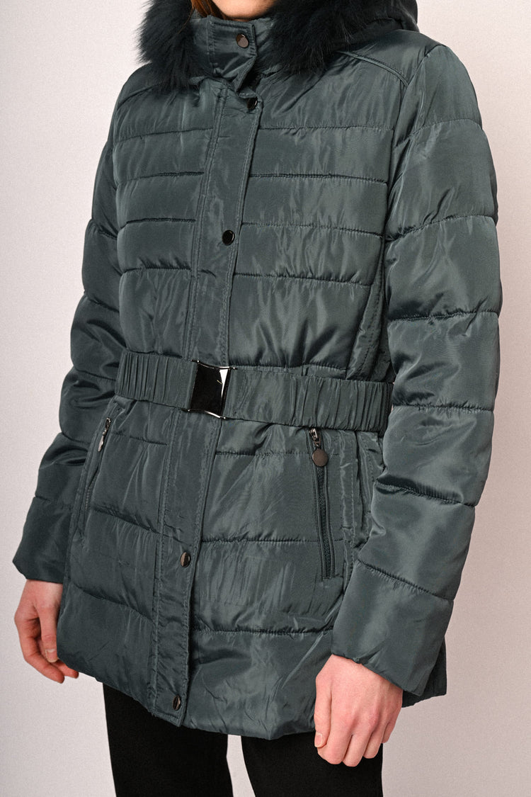 Fur-trimmed hood belted down jacket