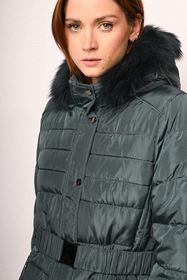 Fur-trimmed hood belted down jacket