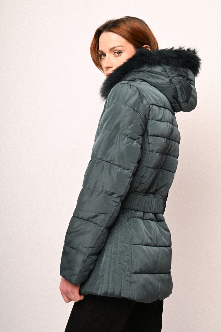 Fur-trimmed hood belted down jacket