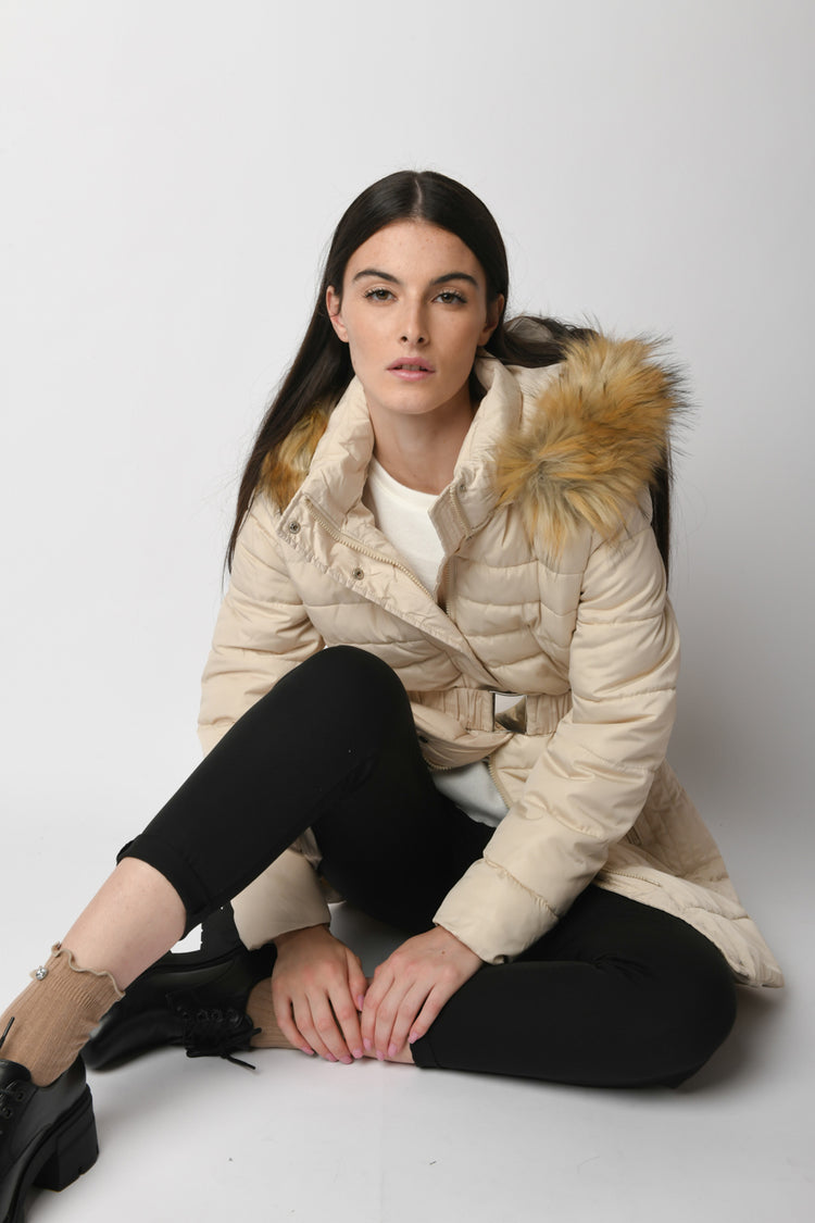 Belted hooded down jacket