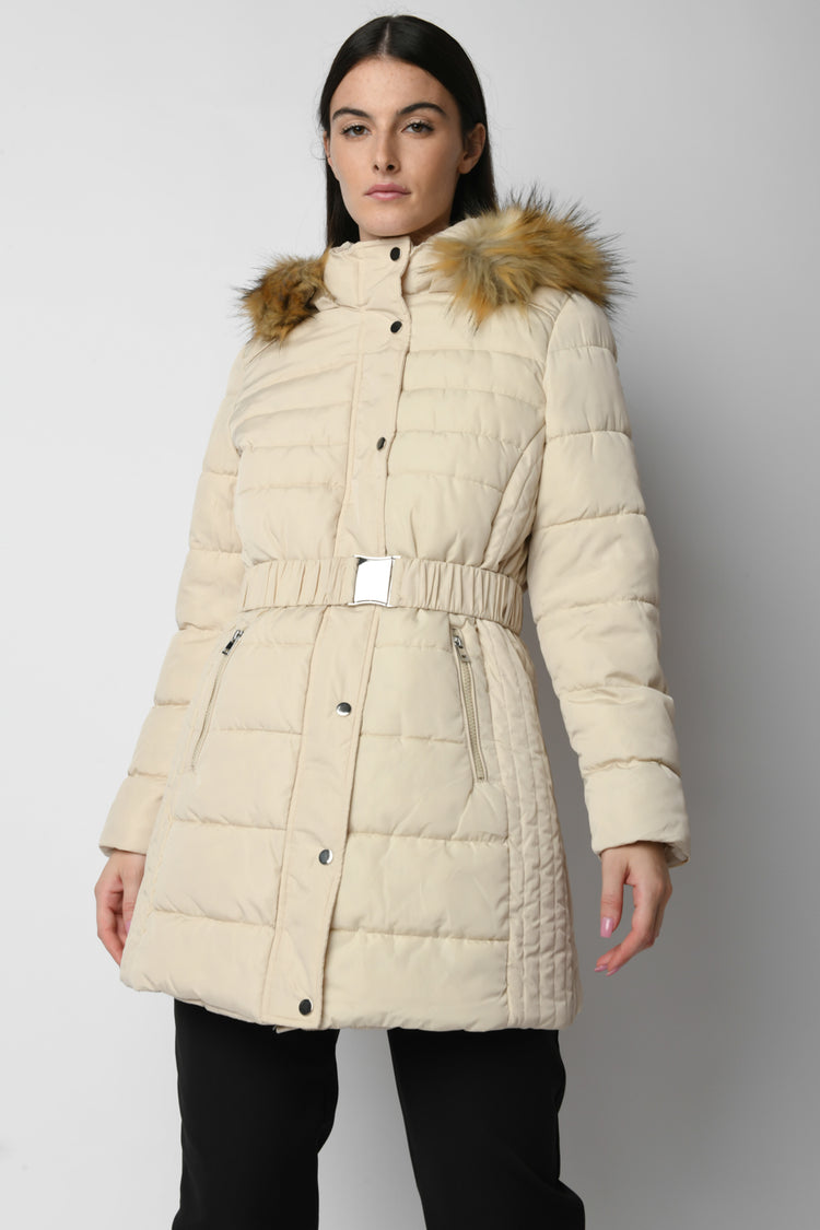 Belted hooded down jacket
