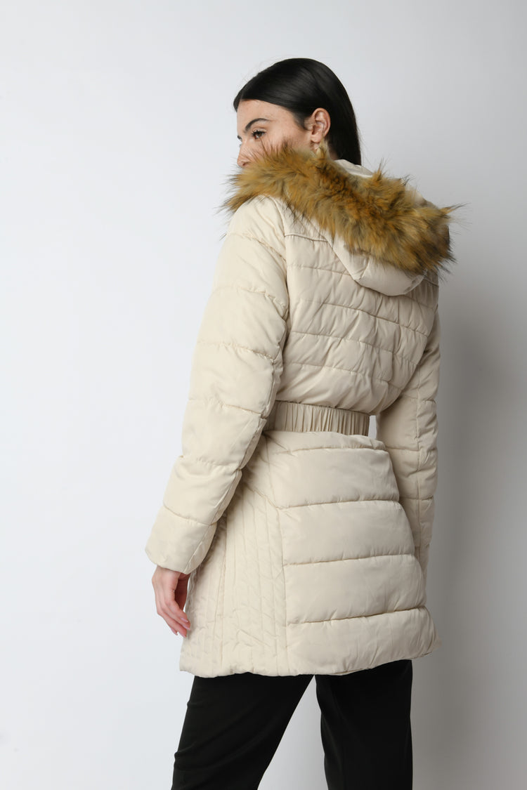 Belted hooded down jacket