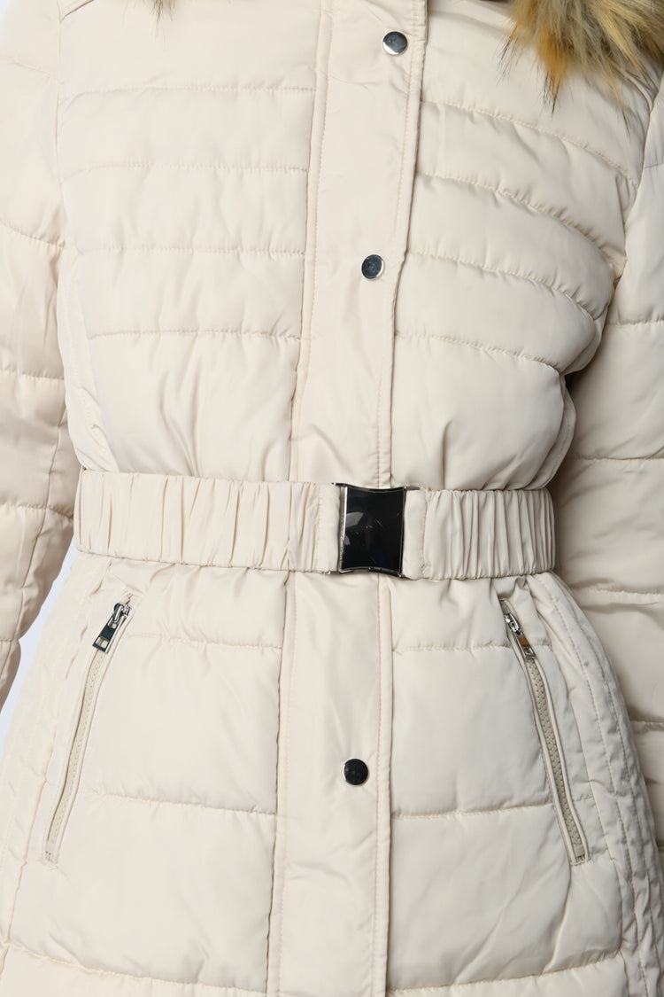Belted hooded down jacket
