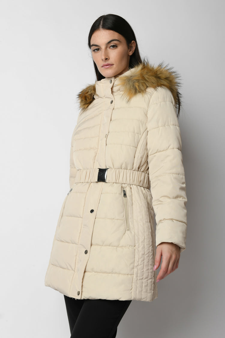 Belted hooded down jacket