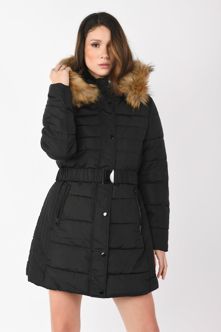 Hooded and belted down jacket