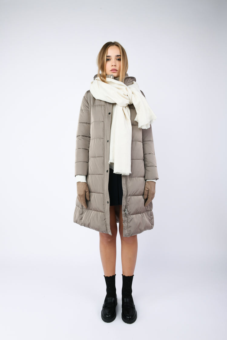 Belted hooded long down jacket