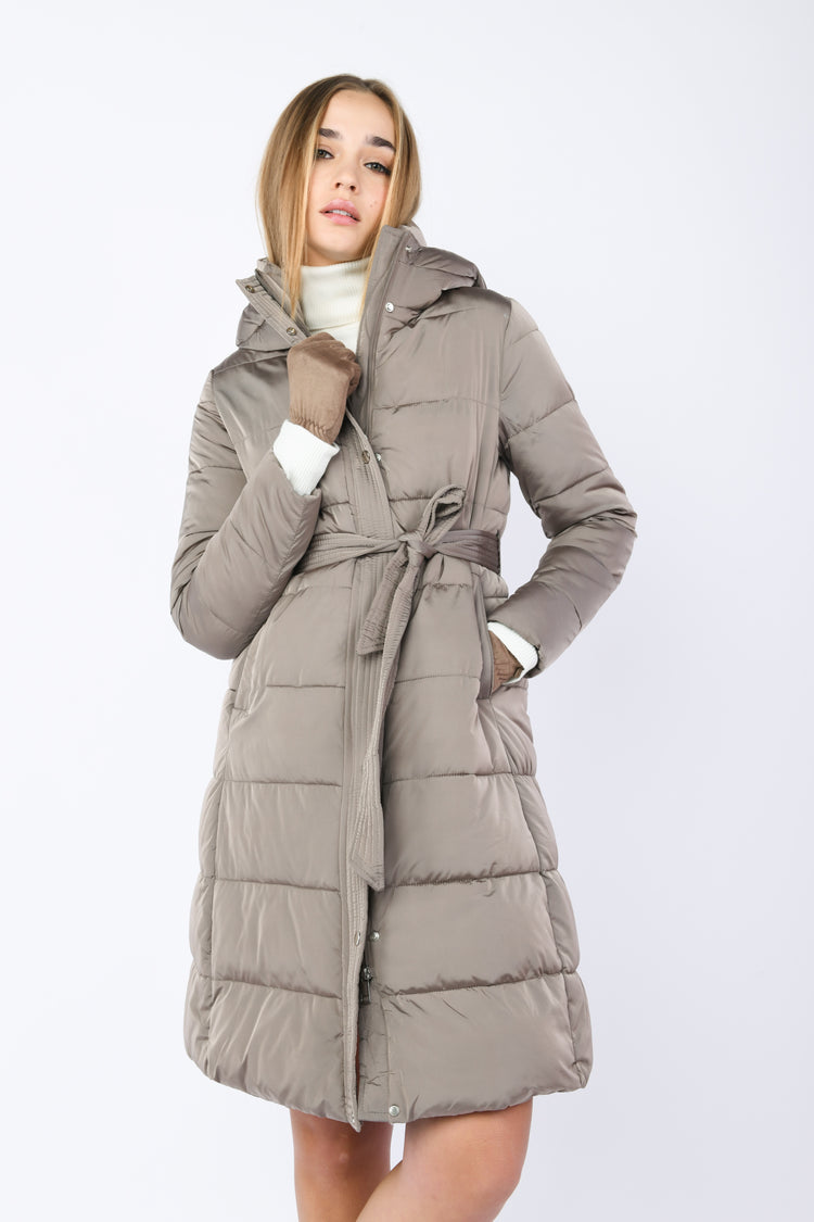 Belted hooded long down jacket