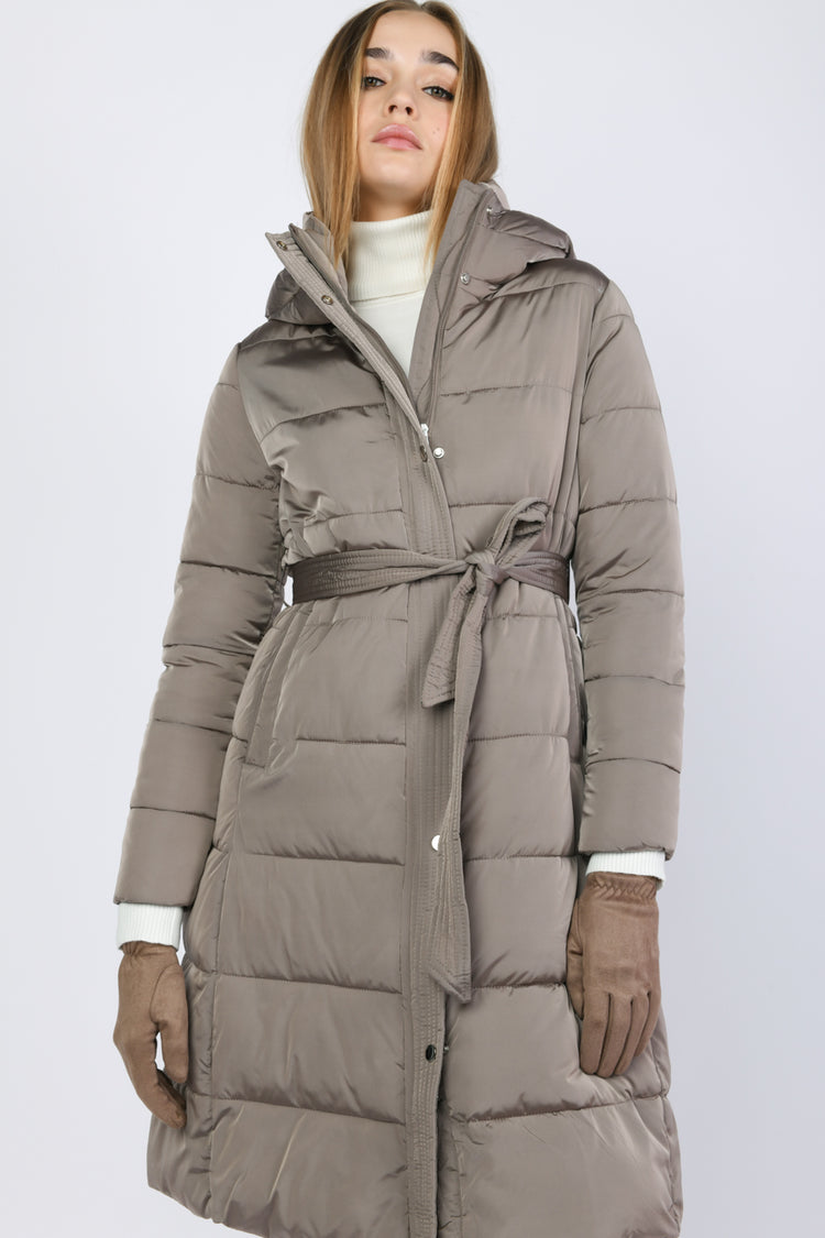 Belted hooded long down jacket