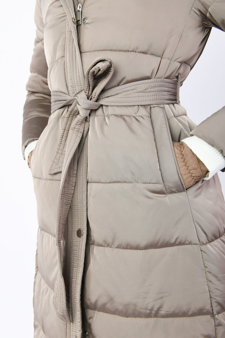 Belted hooded long down jacket