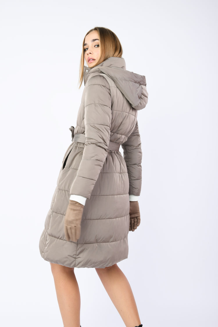 Belted hooded long down jacket