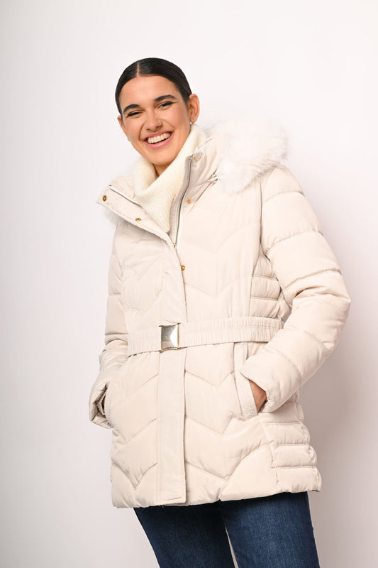 Belted and hooded down jacket