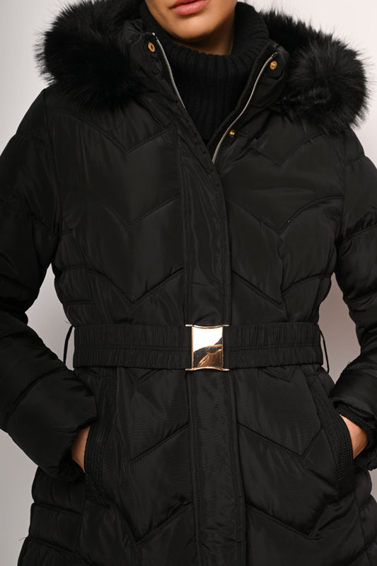 Belted and hooded down jacket