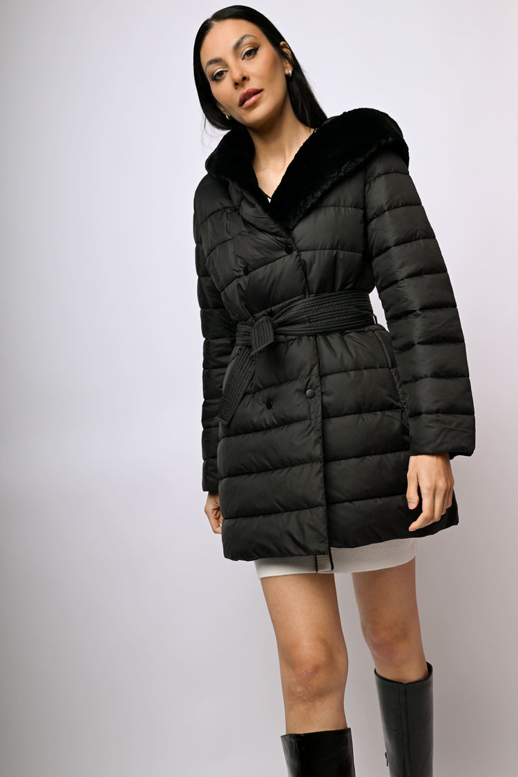 Faux fur hood belted down jacket