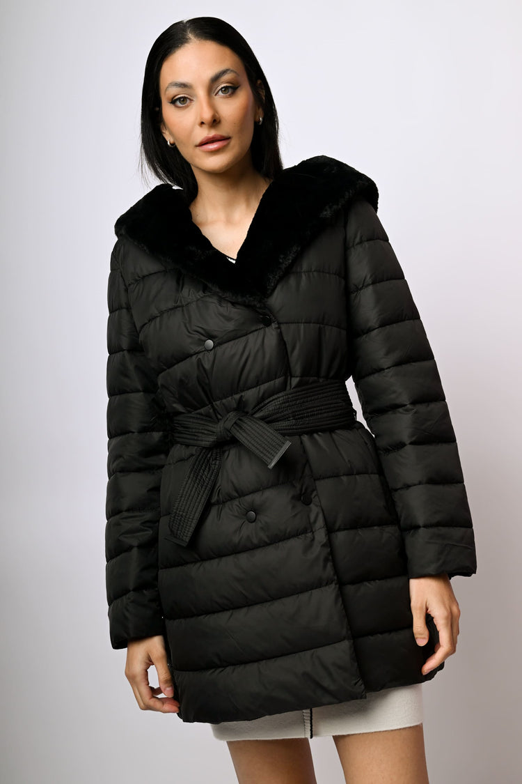 Faux fur hood belted down jacket