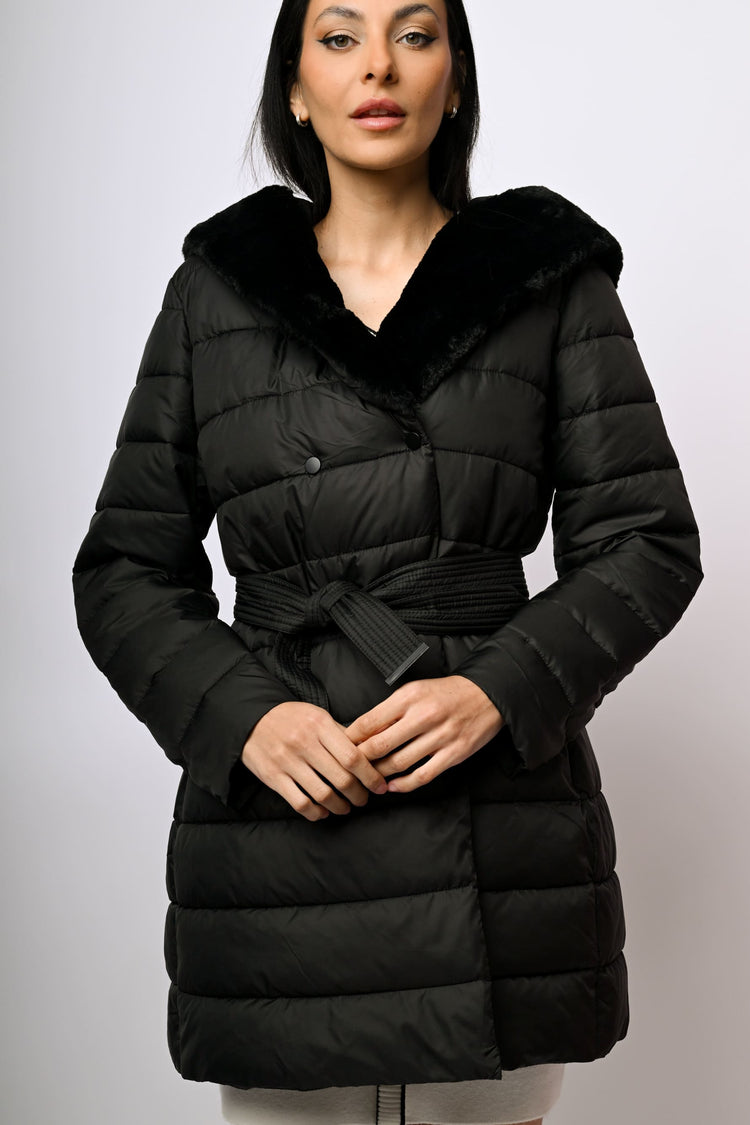 Faux fur hood belted down jacket