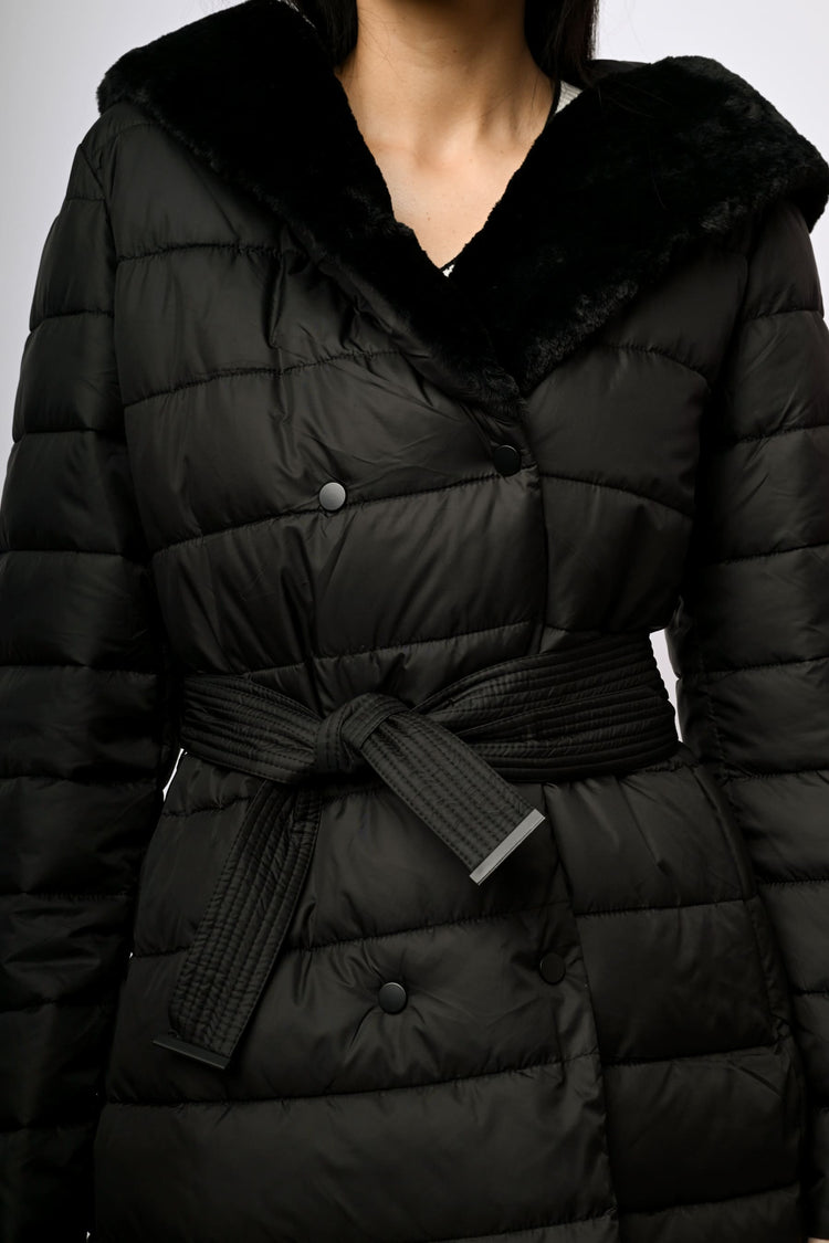 Faux fur hood belted down jacket
