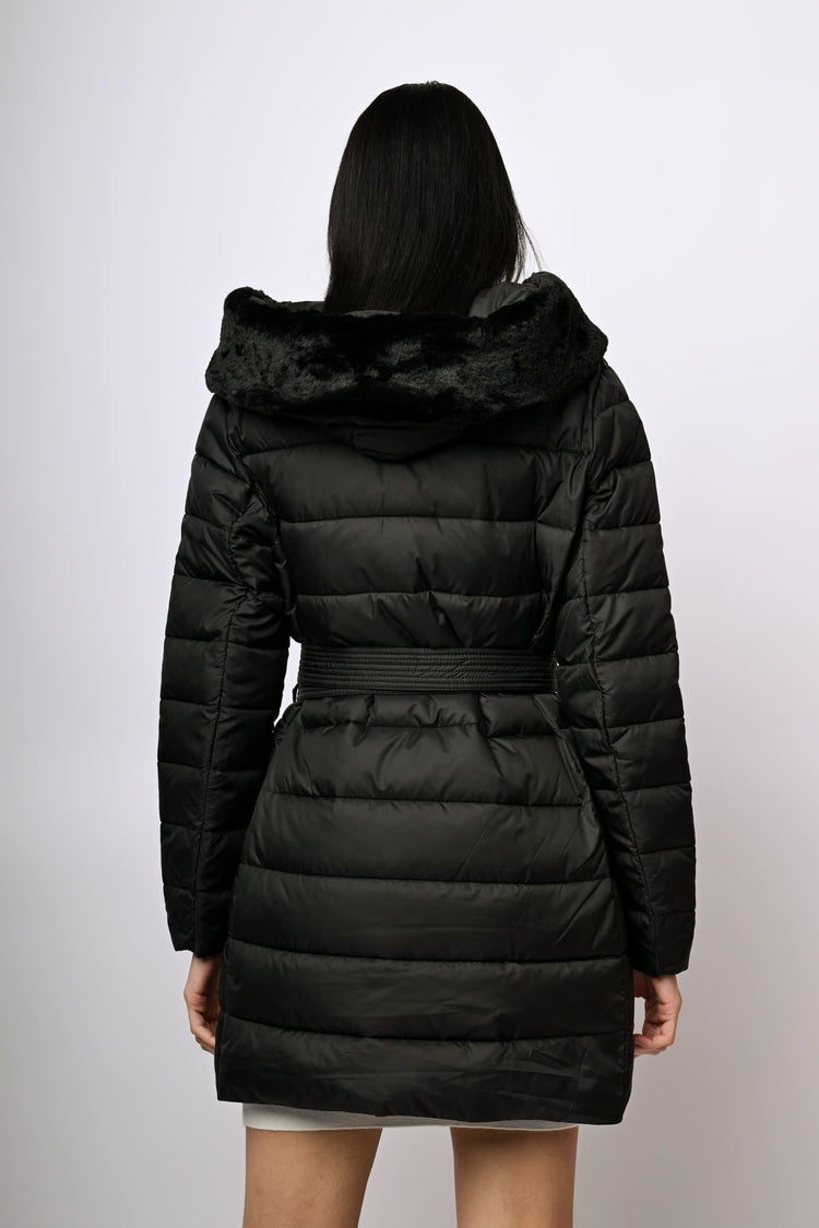 Faux fur hood belted down jacket