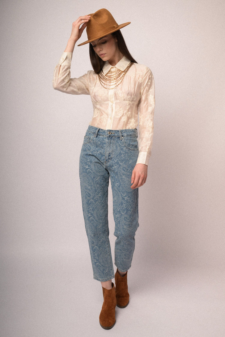 Light blue paisley motif barrel-leg trousers