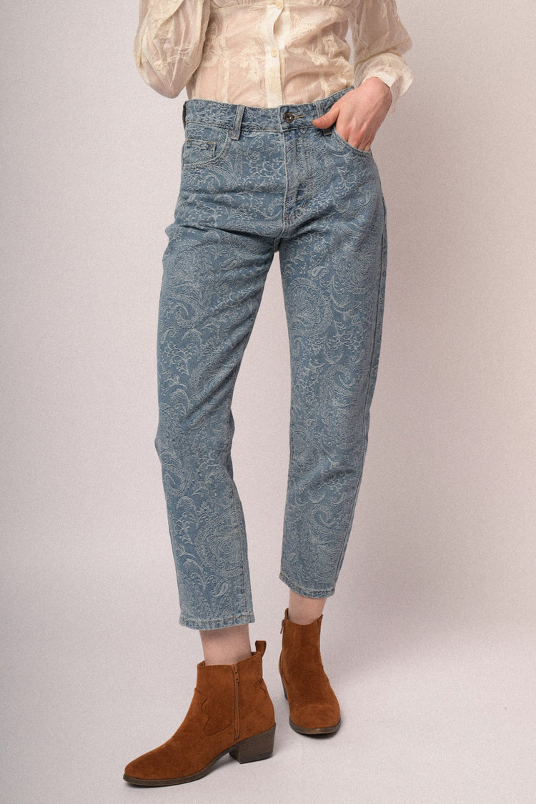 Light blue paisley motif barrel-leg trousers
