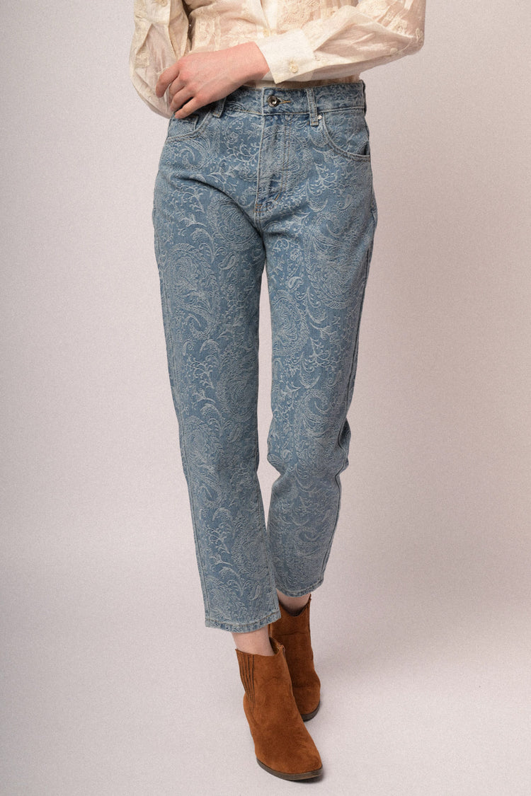 Light blue paisley motif barrel-leg trousers
