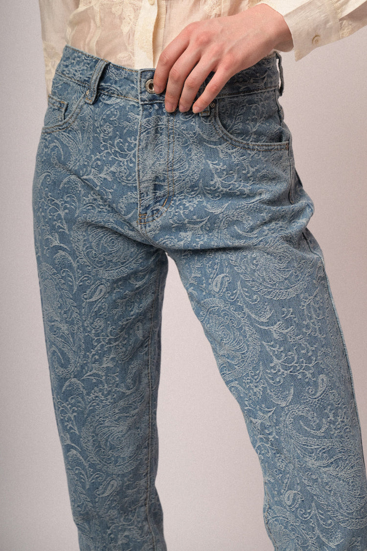 Light blue paisley motif barrel-leg trousers