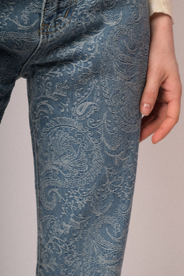 Light blue paisley motif barrel-leg trousers
