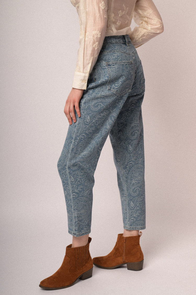 Light blue paisley motif barrel-leg trousers