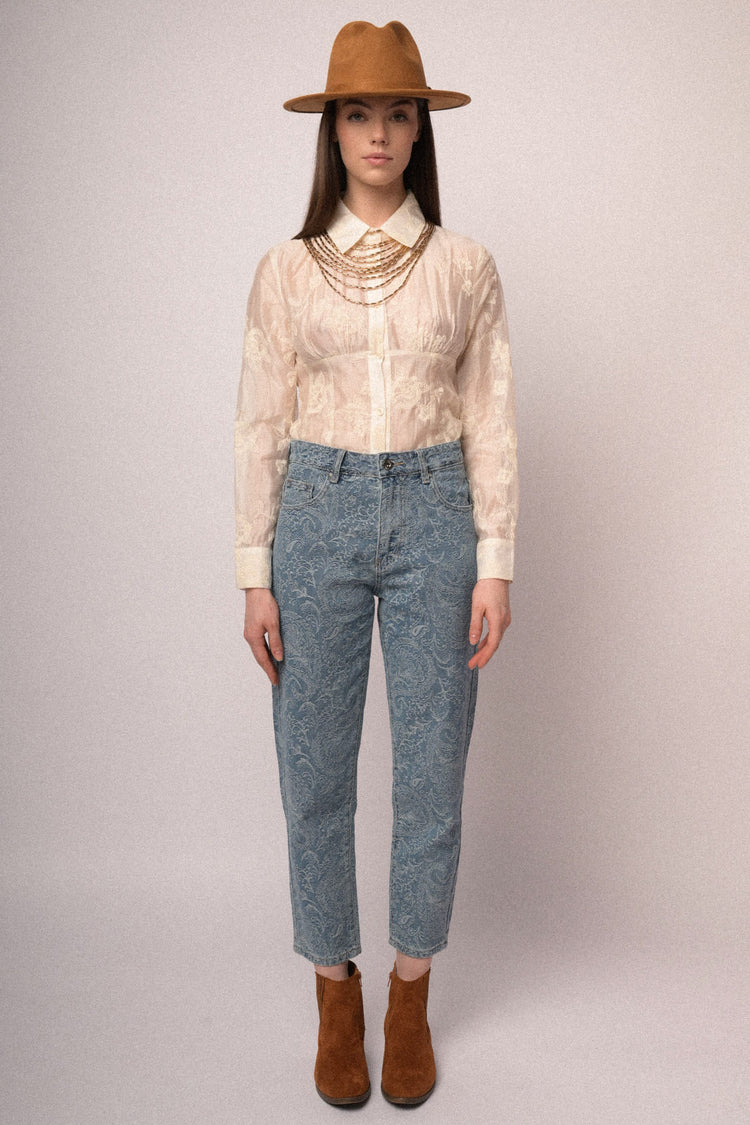 Light blue paisley motif barrel-leg trousers