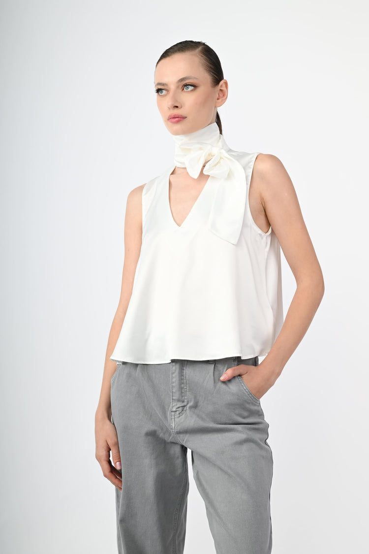 Pussy bow neck satin top