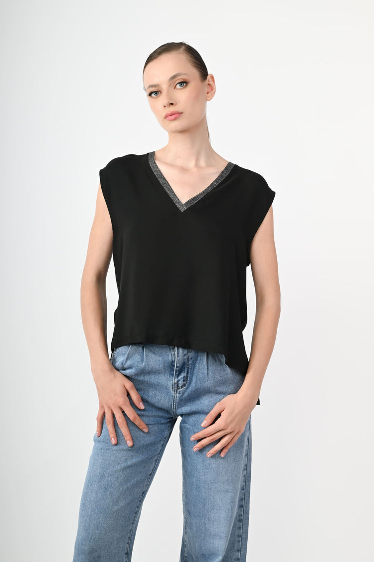 Lurex trimmed V-neck top