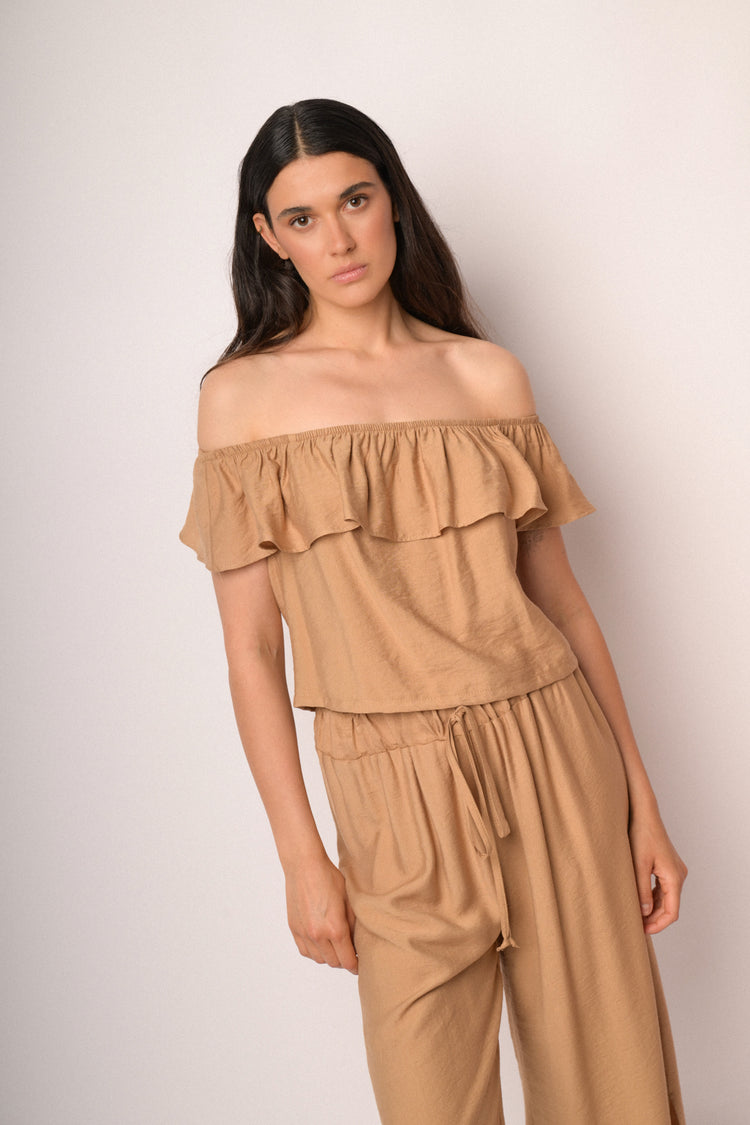 Camel off-shoulder top with ruffle