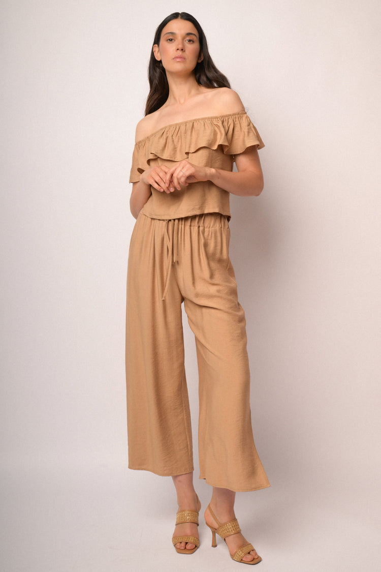 Camel off-shoulder top with ruffle