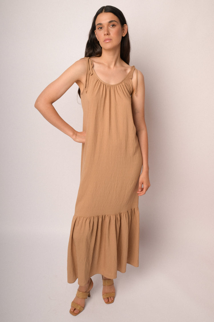 Camel dress with thin straps and flounce