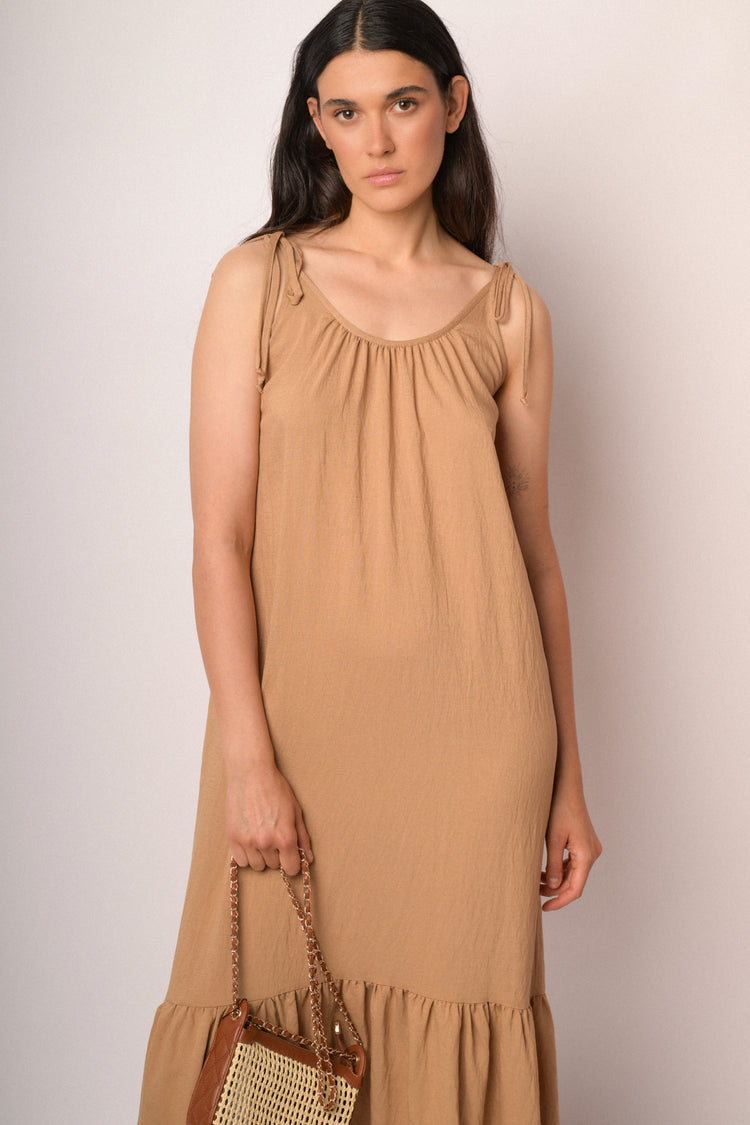 Camel dress with thin straps and flounce