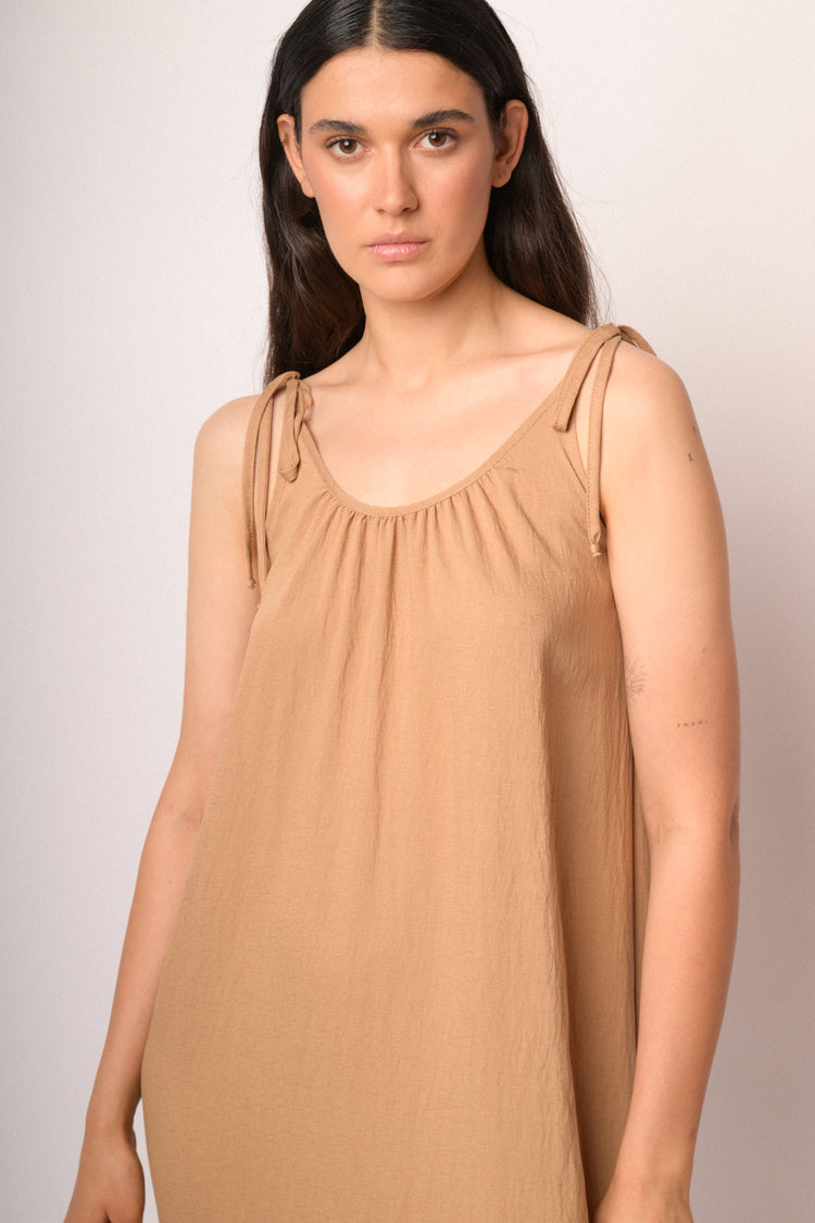 Camel dress with thin straps and flounce