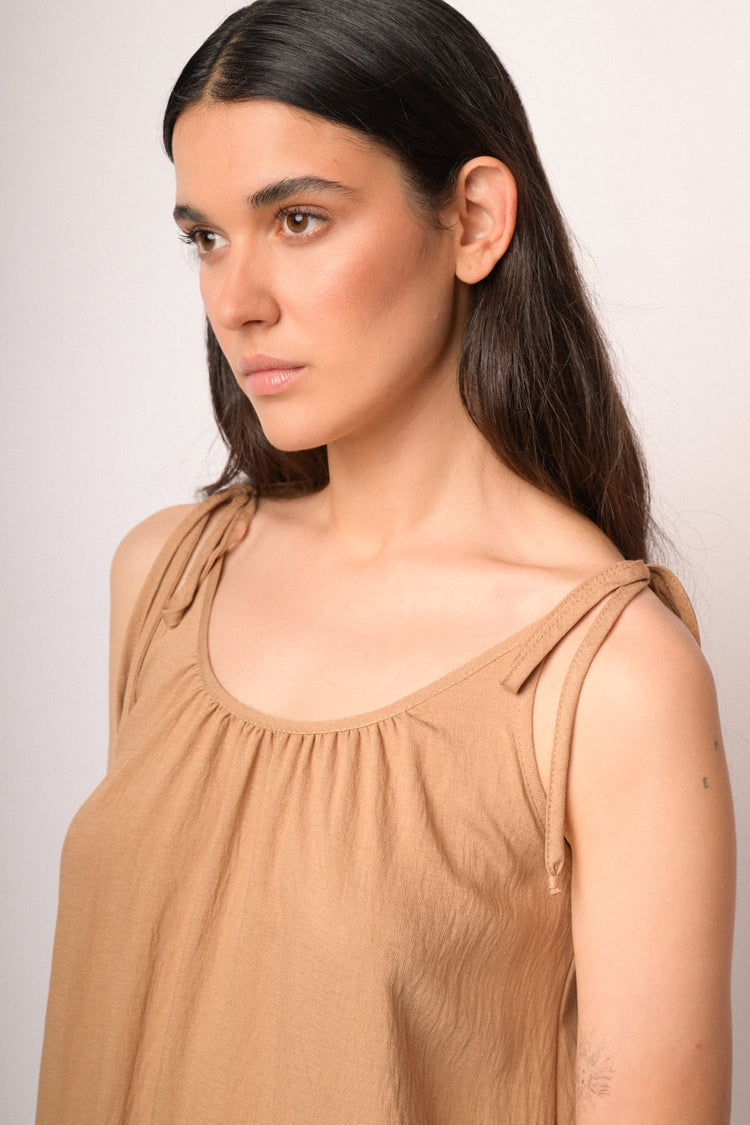 Camel dress with thin straps and flounce