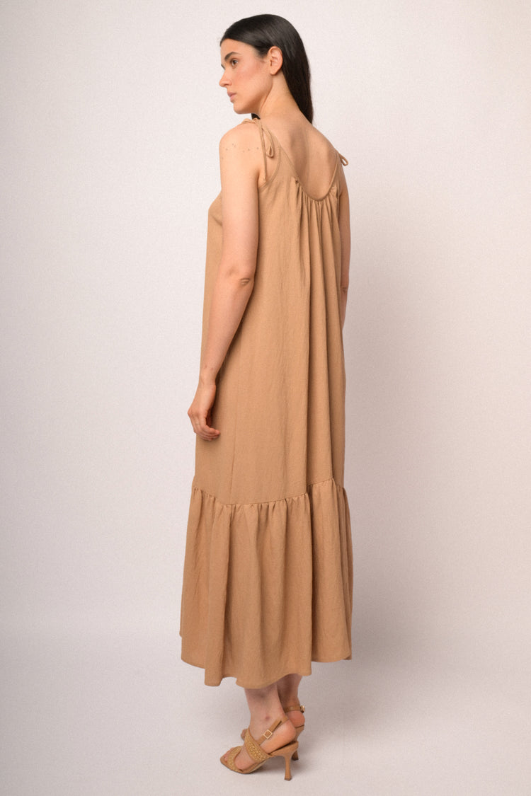 Camel dress with thin straps and flounce