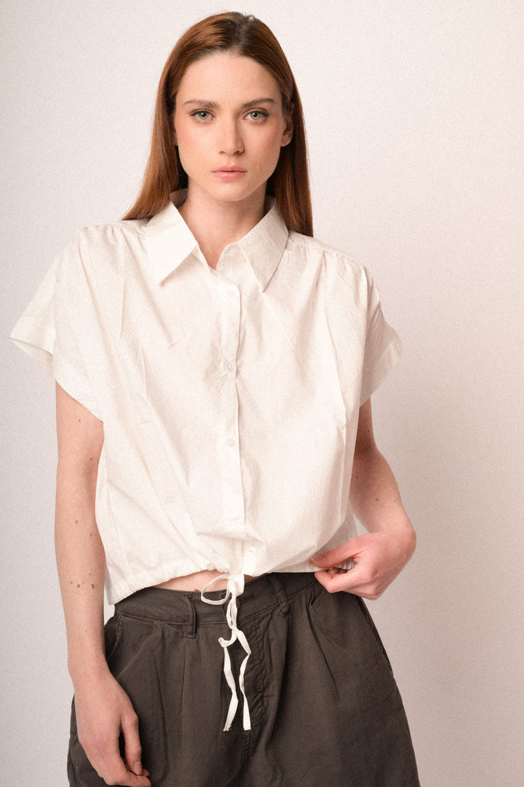 White cotton drawstring boxy-fit shirt