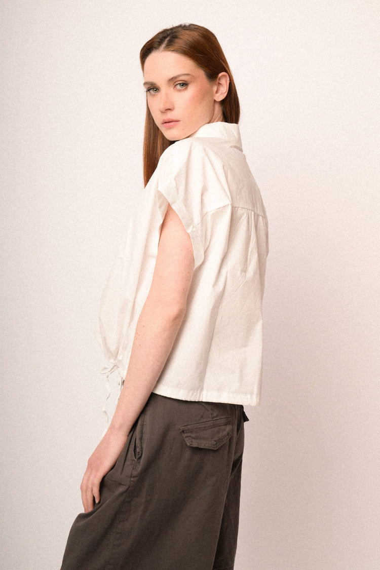 White cotton drawstring boxy-fit shirt