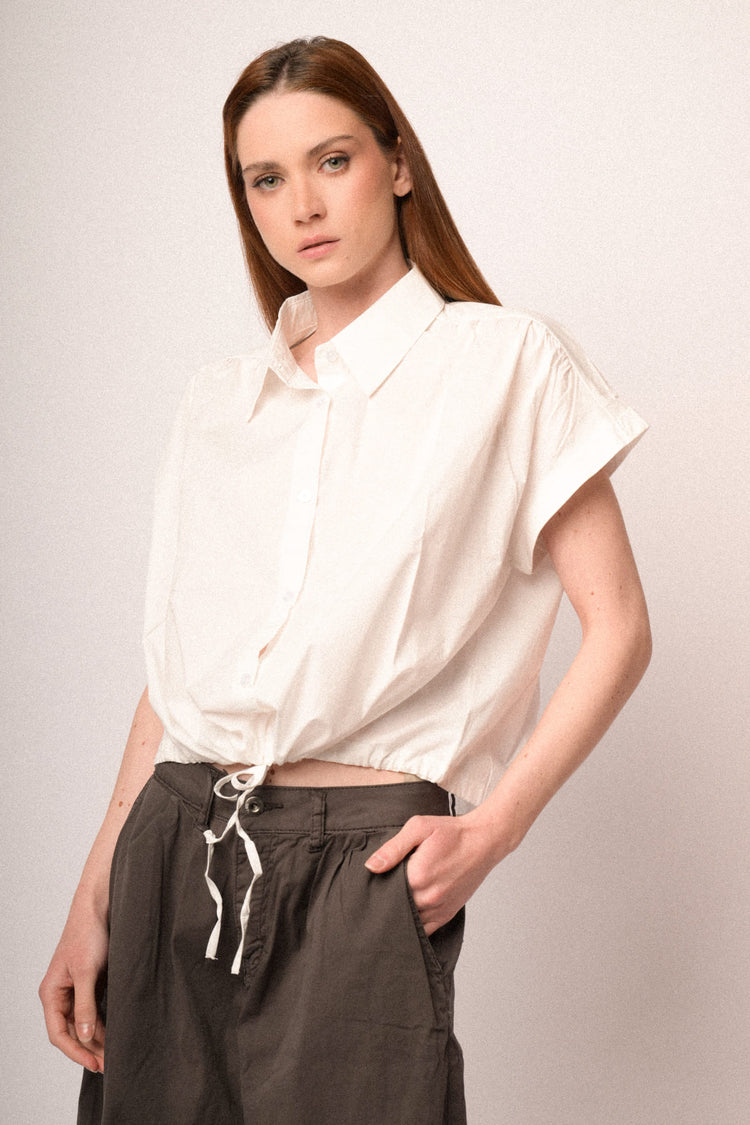 White cotton drawstring boxy-fit shirt