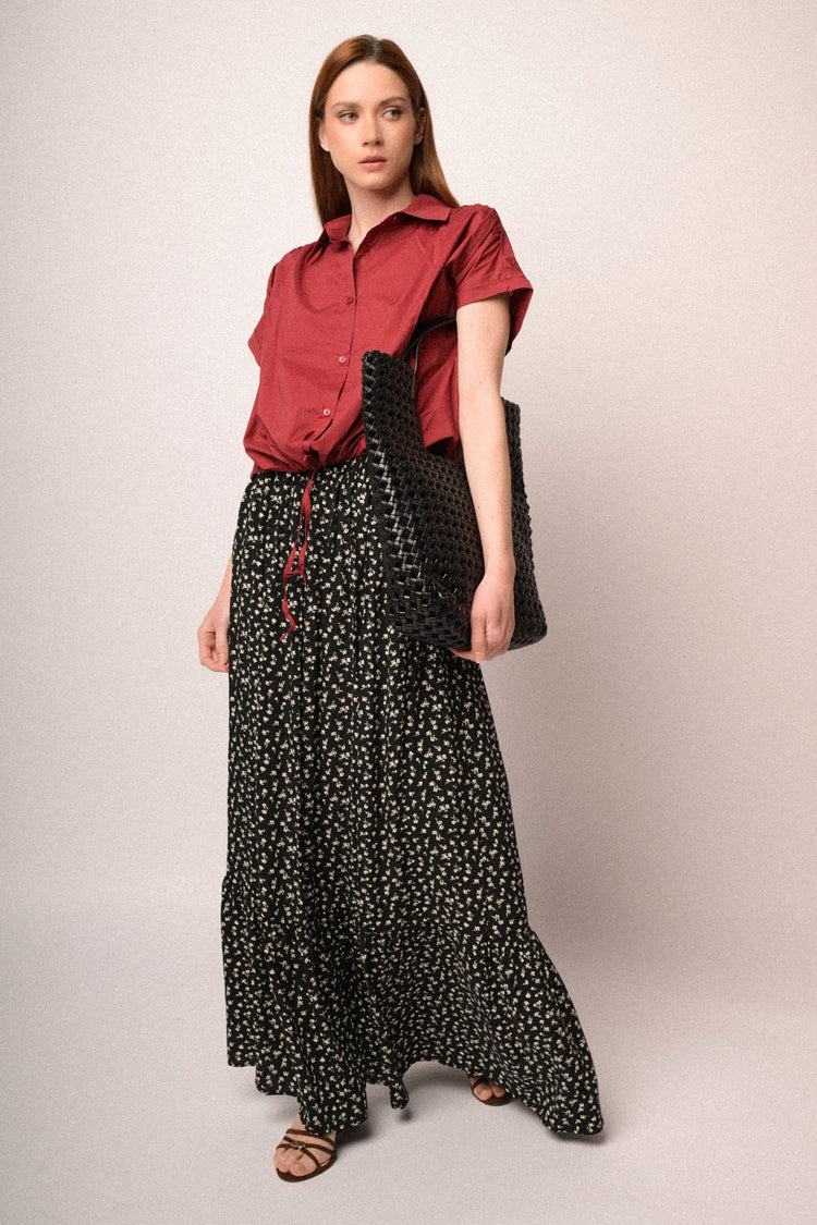 Burgundy cotton drawstring boxy-fit shirt