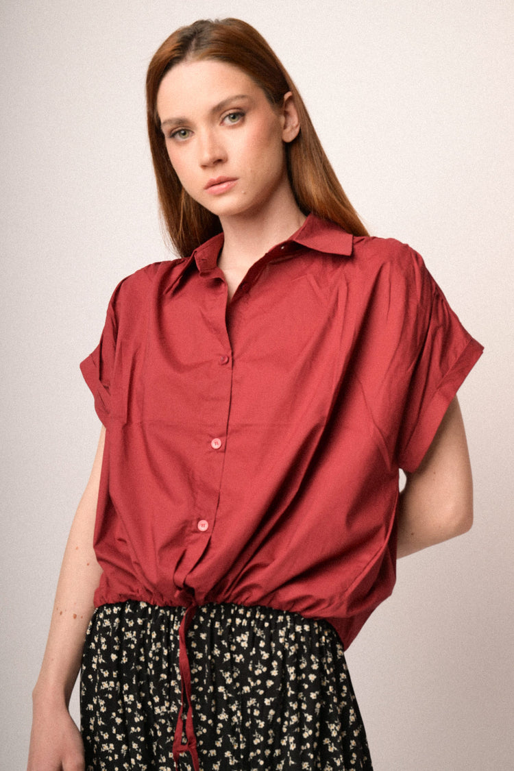 Burgundy cotton drawstring boxy-fit shirt