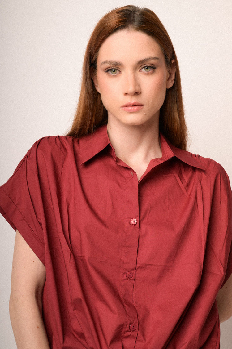 Burgundy cotton drawstring boxy-fit shirt