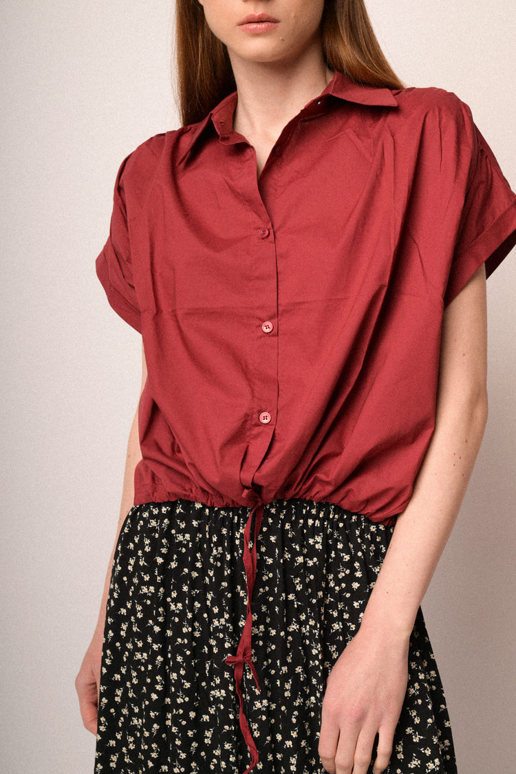 Burgundy cotton drawstring boxy-fit shirt