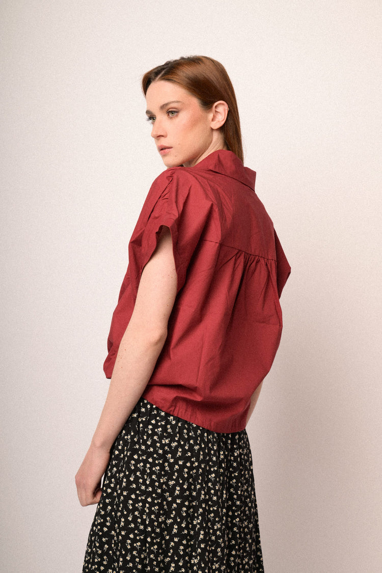 Burgundy cotton drawstring boxy-fit shirt