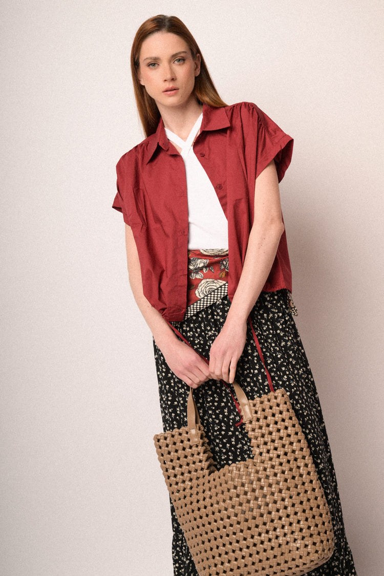 Burgundy cotton drawstring boxy-fit shirt