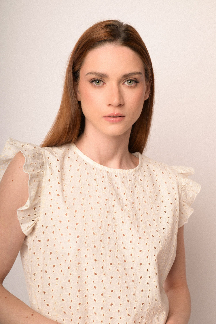 Beige broderie anglaise top with cap sleeves